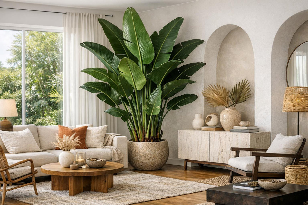 Déco tropicale chic : intégrer un strelitzia géant (nicolai) dans son salon