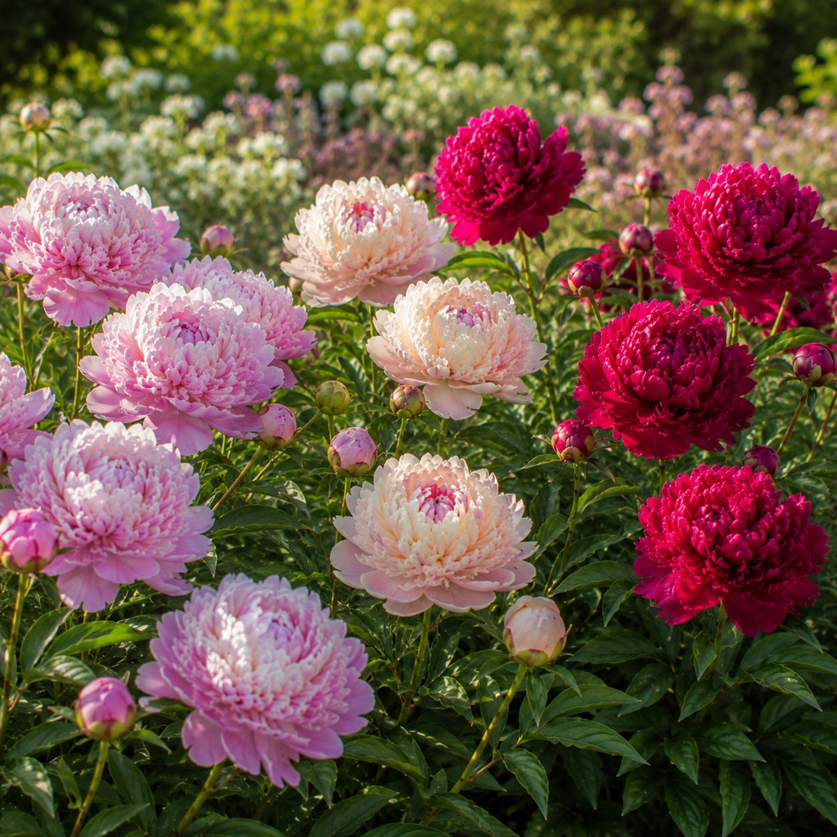 Trio de Pivoines rose et rouge - Paeonia lactiflora Sarah Bernhardt, Sorbet, Karl Rosenfield - Bakker