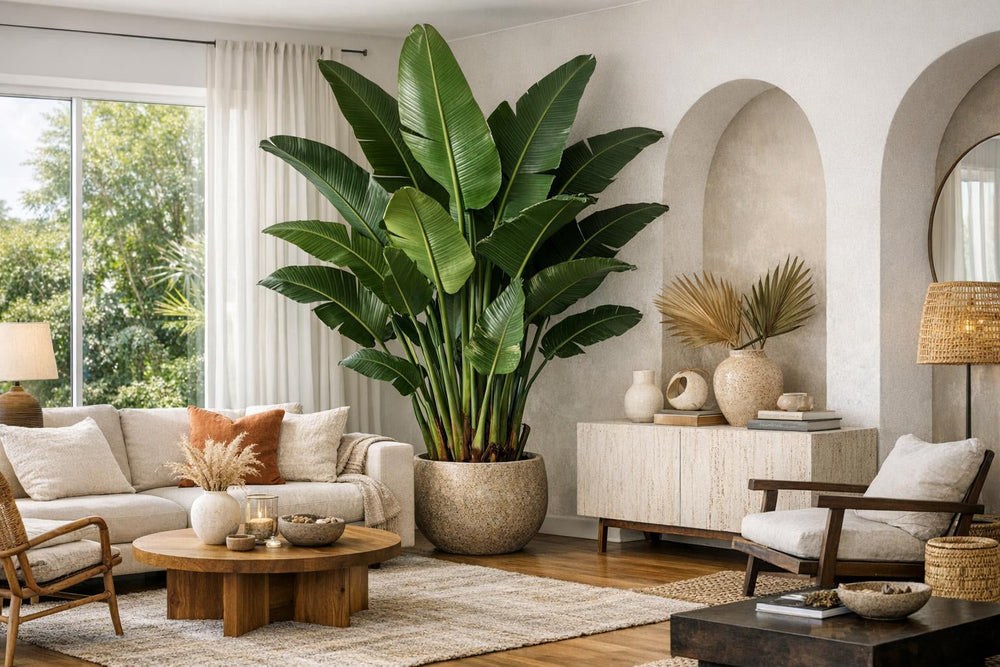 Déco tropicale chic : intégrer un strelitzia géant (nicolai) dans son salon