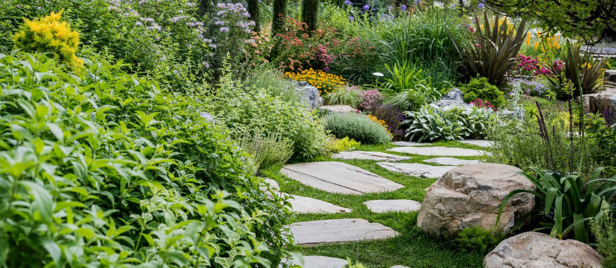jardin avec une allée de dalles de pierre