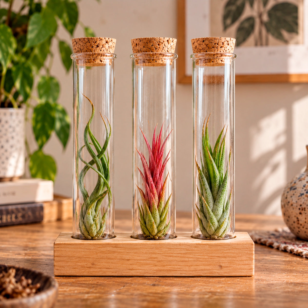 Tillandsias en mélange et tubes de verre
